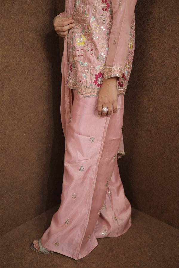 Women’s Pink Embroidered Kurti Sharara Festive Set | Embroidered Design|