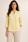 Women’s Soft Linen Blend Pastel Yellow Shirt | Casual Button-Down Top | 3/4 Sleeve Premium Everyday Wear