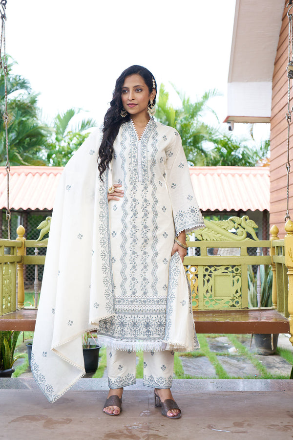 Elegant Cream Embroidered Cotton Kurti Set with Dupatta – Ethnic Grace Collection