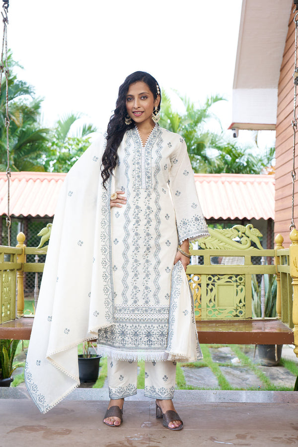 Elegant Cream Embroidered Cotton Kurti Set with Dupatta – Ethnic Grace Collection