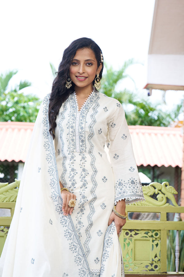 Elegant Cream Embroidered Cotton Kurti Set with Dupatta – Ethnic Grace Collection