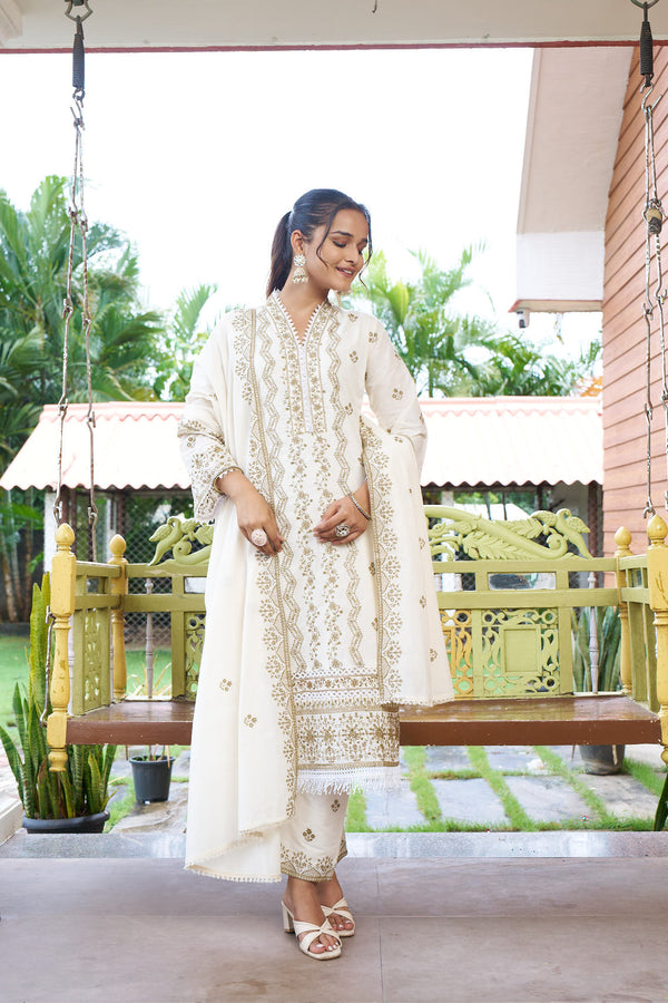 Elegant Cream Embroidered Cotton Kurti Set with Dupatta – Ethnic Grace Collection