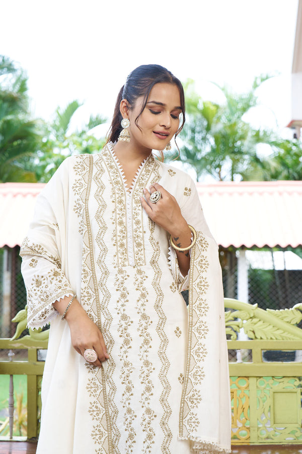Elegant Cream Embroidered Cotton Kurti Set with Dupatta – Ethnic Grace Collection