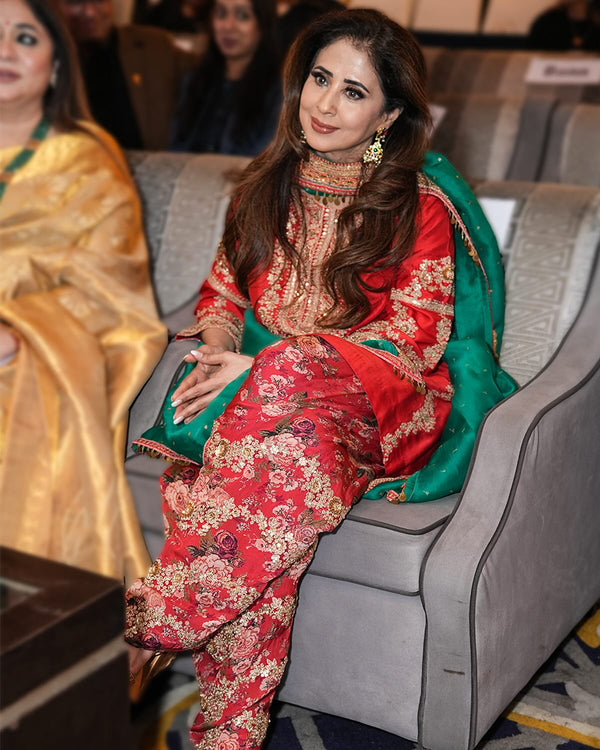 Radiant Red Embroidered Festive Outfit with Gold Detailing and Jewelry