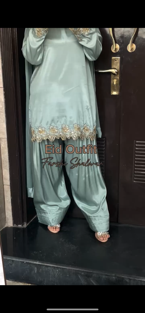 Elegant Pastel Blue Silk Suit with Golden Floral Embroidery Trim