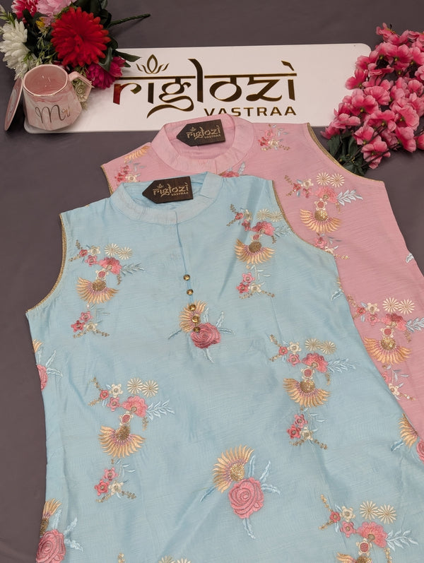 Pink Sleeveless Kurti Pant Dupatta Set for Women | Embroidered|