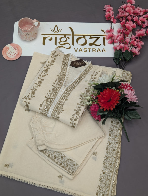 Luxury Hand-Embroidered Cream Kurti with Pant & Dupatta – Wedding & Festive Collection