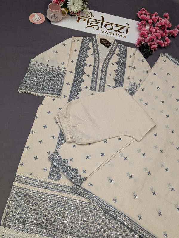 Women’s White Blue Embroidered Kurti Pant Dupatta Set|ethnic wear for festive occasions|