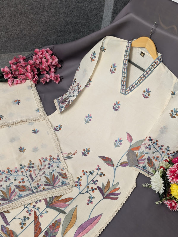 Designer White Kurti Set with Multicolour Embroidery | women’s ethnic outfit sets |