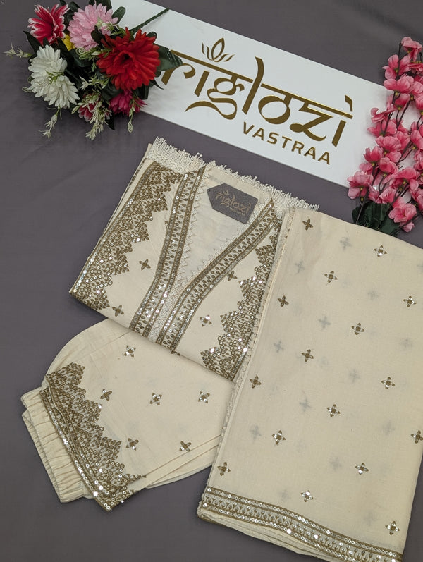 Women’s White Golden Embroidered Kurti Pant Dupatta Set|ethnic wear for festive occasions |
