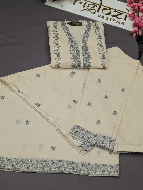 Festive Ready Embroidered Kurta Pant Dupatta Set in Off-White Tone