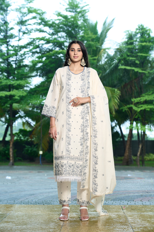 Royal Ethnic Off-White Kurta Set with Intricate Thread Work.Pastel Perfection Floral Embrodaried Kurta Set for Women