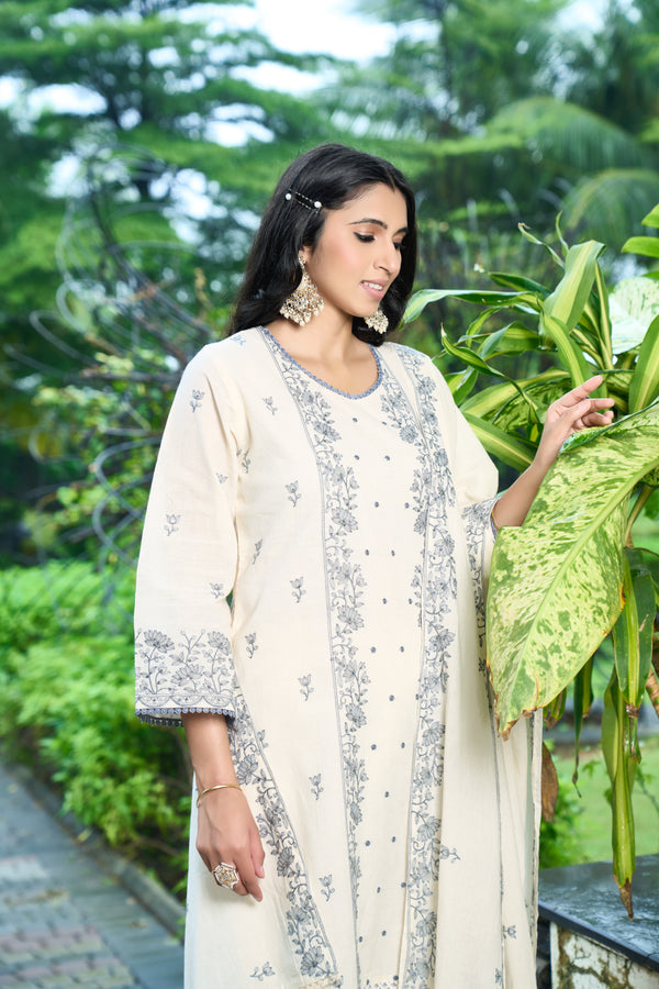Royal Ethnic Off-White Kurta Set with Intricate Thread Work.Pastel Perfection Floral Embrodaried Kurta Set for Women