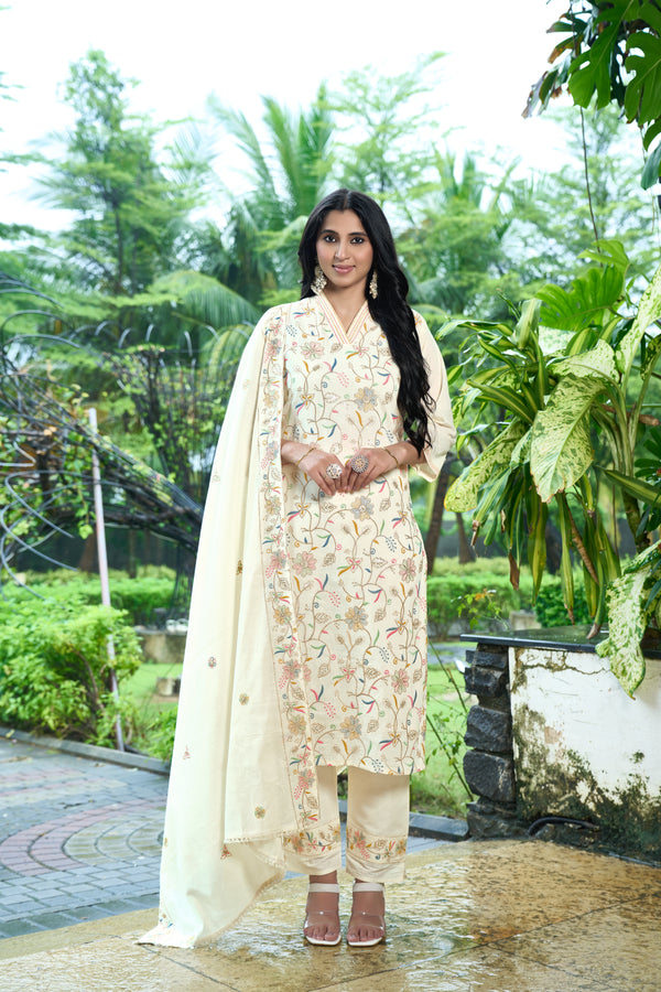 Charming Off-White Designer Kurti Set with Chiffon Dupatta