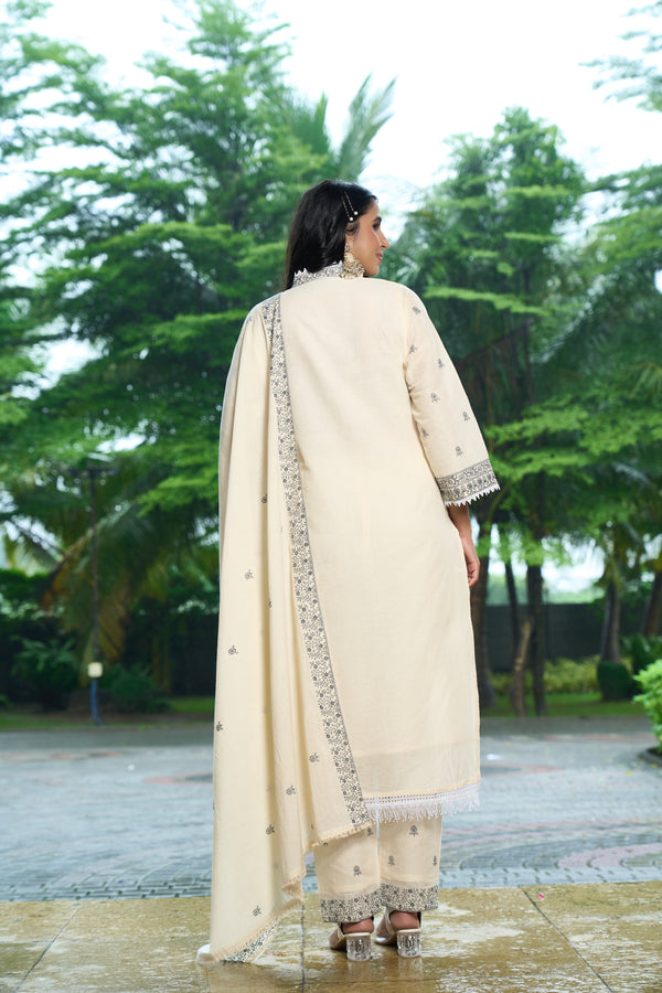 Festive Ready Embroidered Kurta Pant Dupatta Set in Off-White Tone