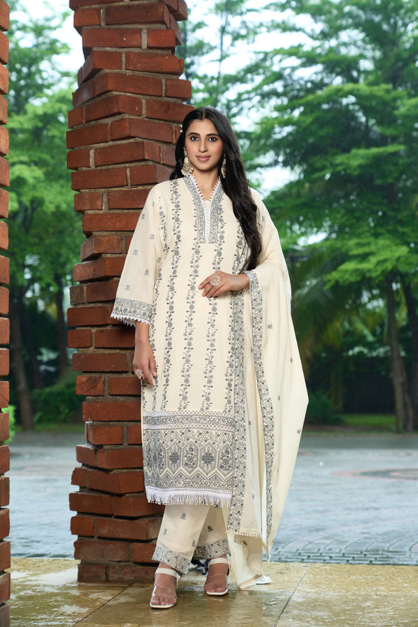 Festive Ready Embroidered Kurta Pant Dupatta Set in Off-White Tone
