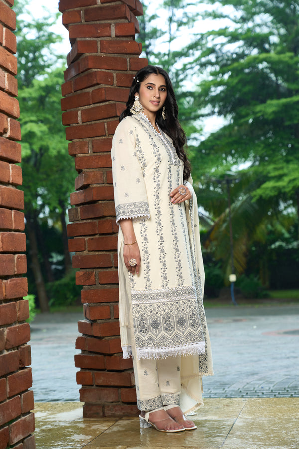 Festive Ready Embroidered Kurta Pant Dupatta Set in Off-White Tone