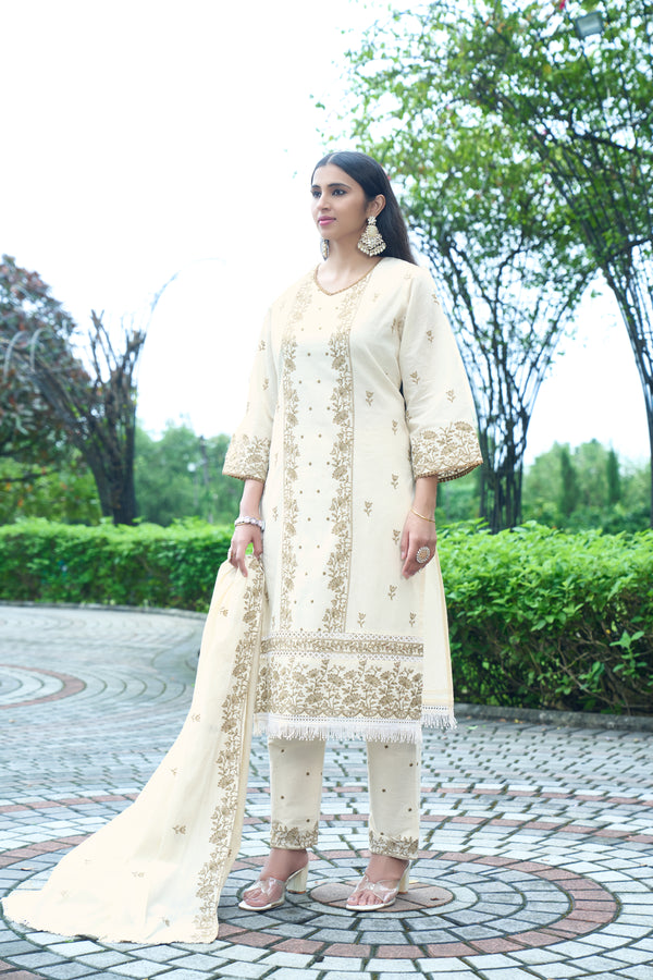 Royal Ethnic Off-White Kurta Set with Intricate Thread Work.Pastel Perfection Floral Printed Kurta Set for Women