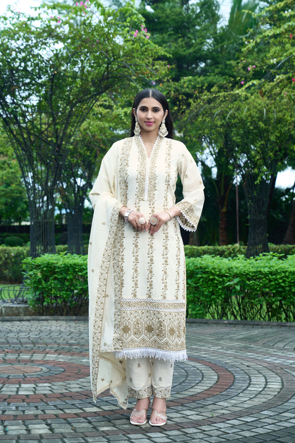 Luxury Hand-Embroidered Cream Kurti with Pant & Dupatta – Wedding & Festive Collection