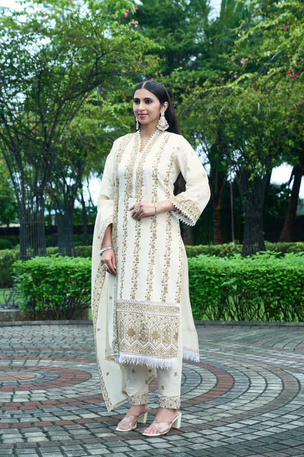 Luxury Hand-Embroidered Cream Kurti with Pant & Dupatta – Wedding & Festive Collection