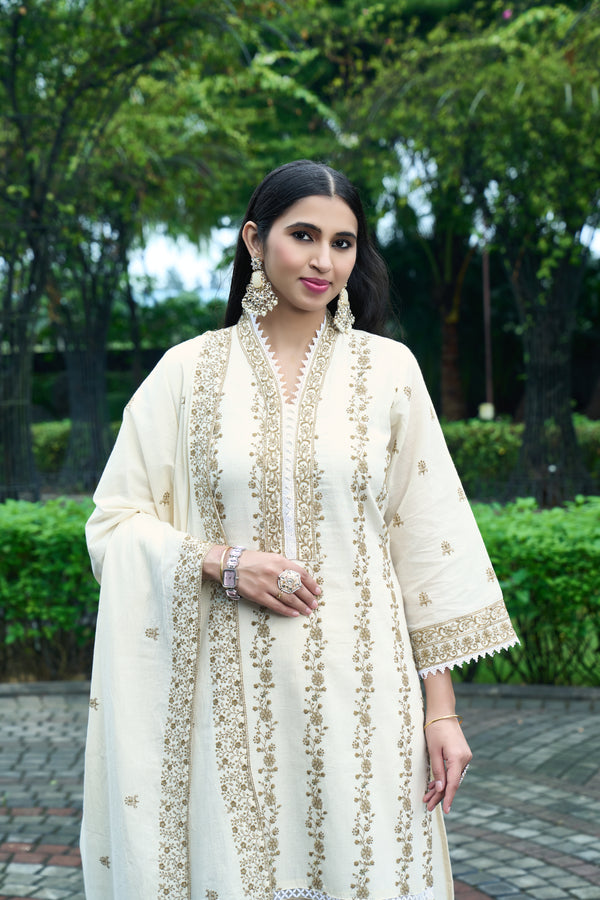 Luxury Hand-Embroidered Cream Kurti with Pant & Dupatta – Wedding & Festive Collection
