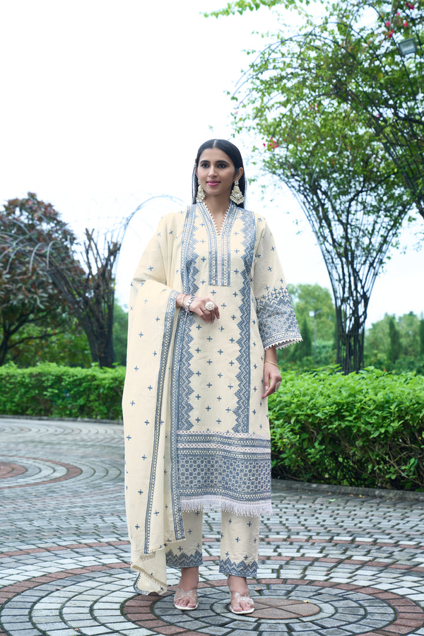 Charming Off-White Designer Kurti Set with Chiffon Dupatta