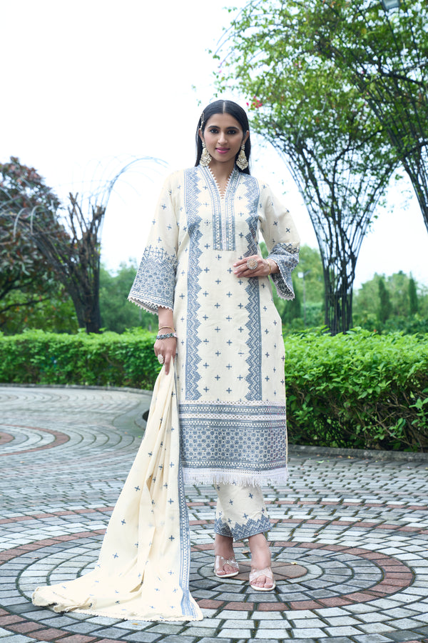 Charming Off-White Designer Kurti Set with Chiffon Dupatta