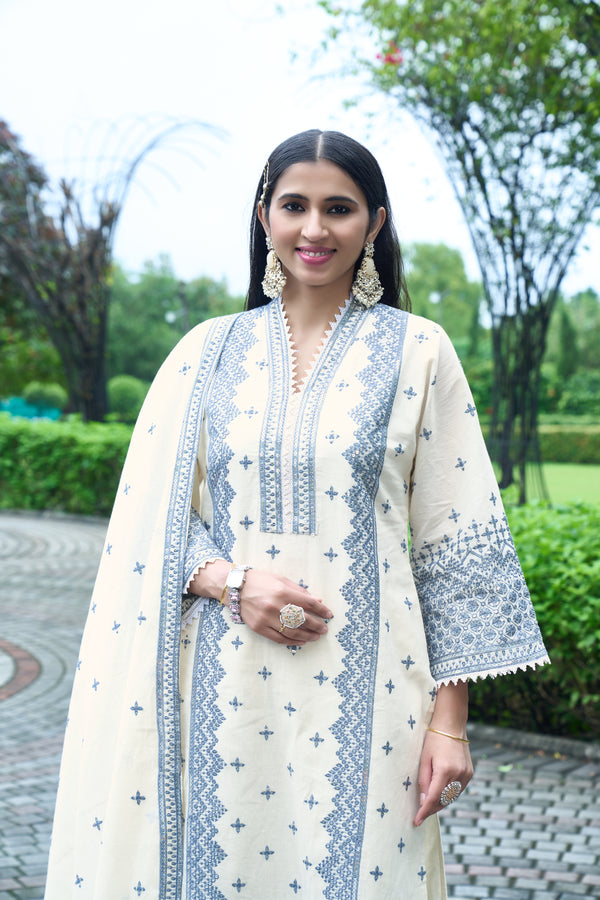 Charming Off-White Designer Kurti Set with Chiffon Dupatta