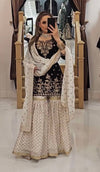 Black and White Embroidered Sharara Suit with Dupatta and Detailing