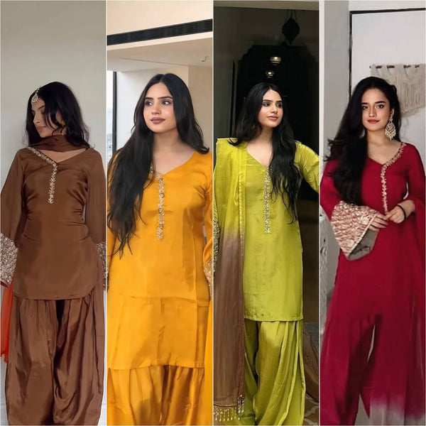 Elegant Brown Traditional Outfit with Orange Dupatta, Embellished Sleeves, and Gold Jewelry Ensemble