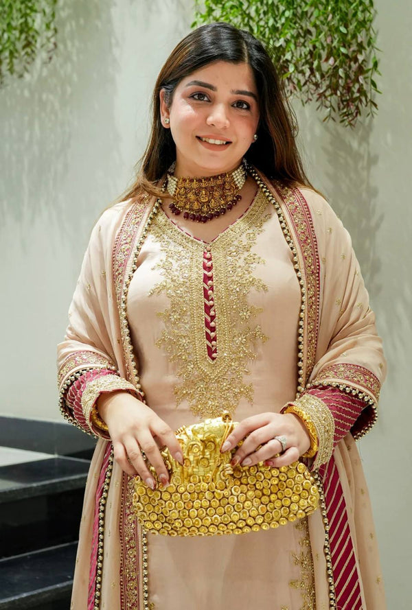 Luxurious Pink Georgette Ensemble Adorned with Gold Threads