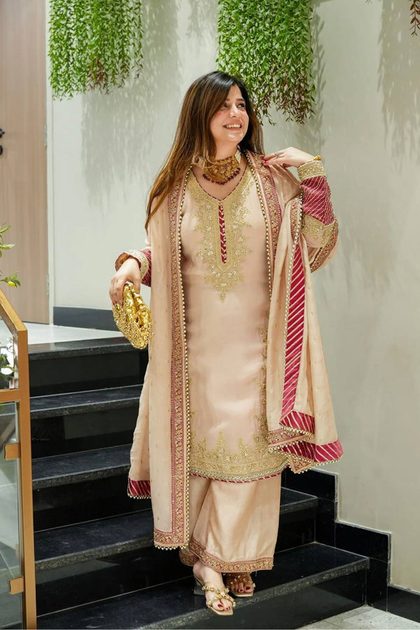 Luxurious Pink Georgette Ensemble Adorned with Gold Threads