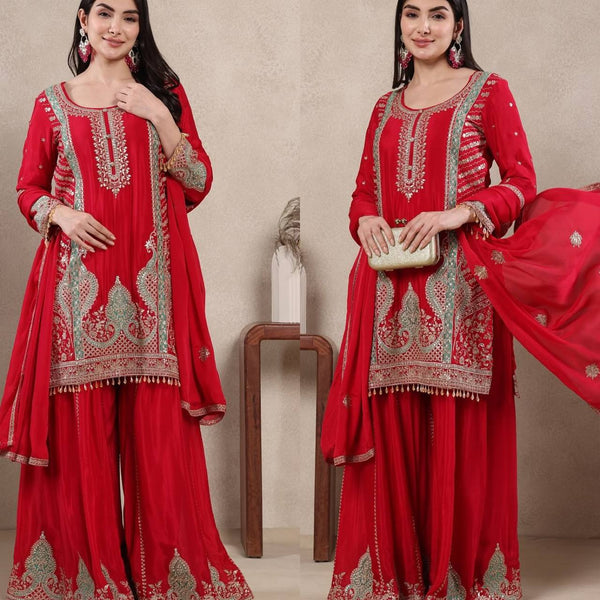 Radiant Red Elegance: Embroidered Suit and Dupatta