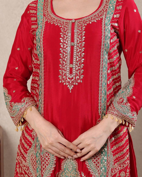 Radiant Red Elegance: Embroidered Suit and Dupatta