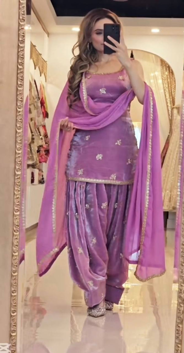Olive Green, Maroon & Lavender Embroidered Farshi Salwar Suits with Dupatta