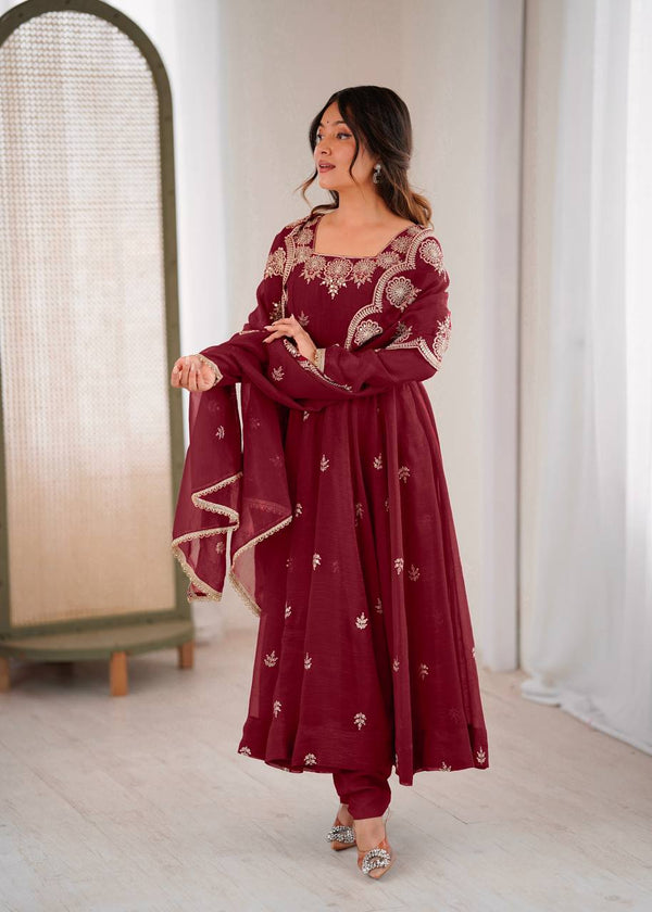 Exquisite Maroon Embroidered Anarkali Suit for Elegance