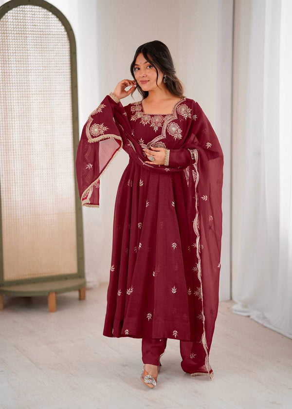 Exquisite Maroon Embroidered Anarkali Suit for Elegance