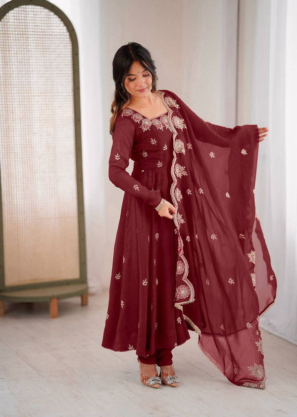 Exquisite Maroon Embroidered Anarkali Suit for Elegance