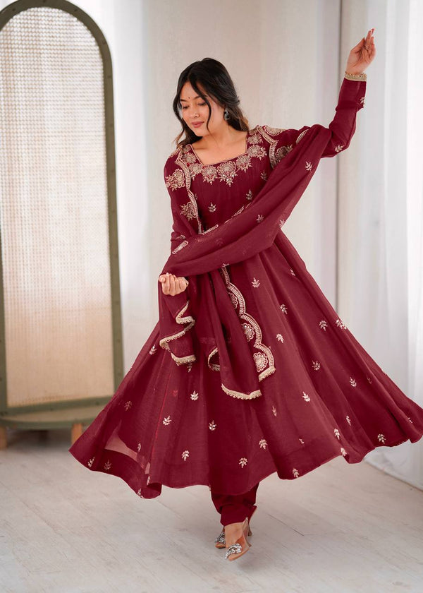 Exquisite Maroon Embroidered Anarkali Suit for Elegance