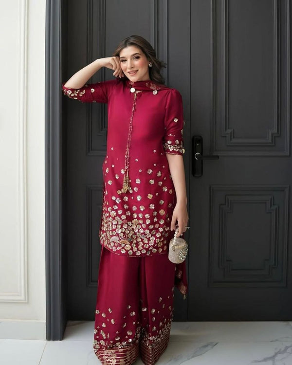 Maroon Elegance: Exquisite Embroidered Suit for Timeless Sophistication