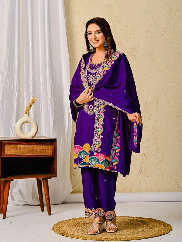 Regal Elegance: Purple Embroidered Salwar Suit Ensemble