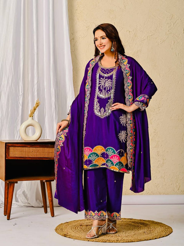 Regal Elegance: Purple Embroidered Salwar Suit Ensemble