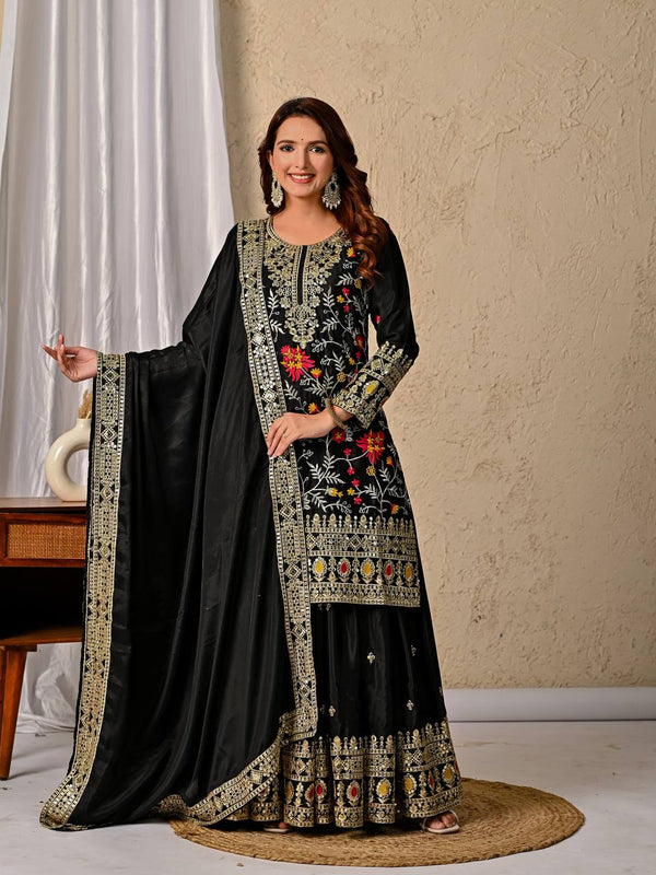 Opulent Noir: Embroidered Silk Suit with Elegant Dupatta Ensemble