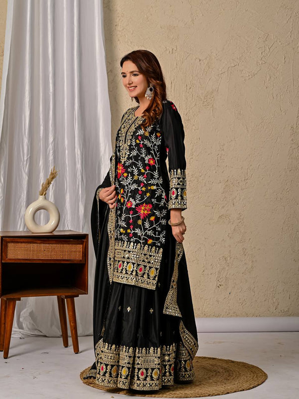 Opulent Noir: Embroidered Silk Suit with Elegant Dupatta Ensemble
