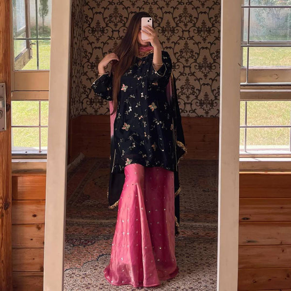 Opulent Black and Pink Embroidered Lehenga Suit with Matching Dupatta