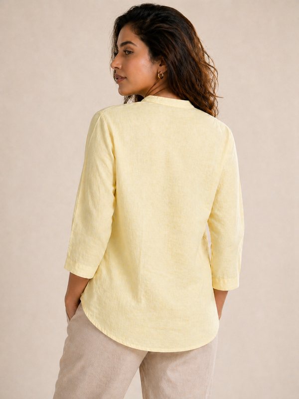 Women’s Soft Linen Blend Pastel Yellow Shirt | Casual Button-Down Top | 3/4 Sleeve Premium Everyday Wear