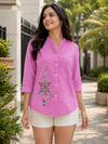 Women’s Soft Linen Blend Hot Pink Shirt | Casual Button-Down Top | 3/4 Sleeve Premium Everyday Wear
