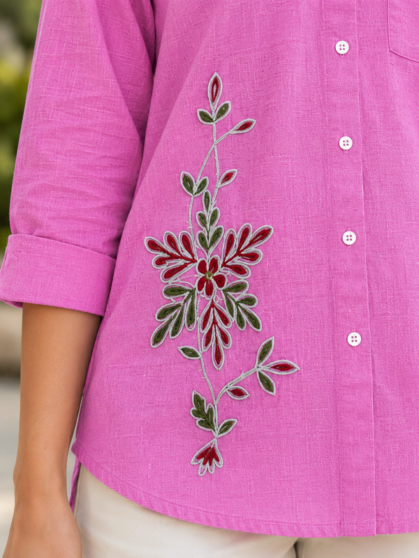 Women’s Soft Linen Blend Hot Pink Shirt | Casual Button-Down Top | 3/4 Sleeve Premium Everyday Wear