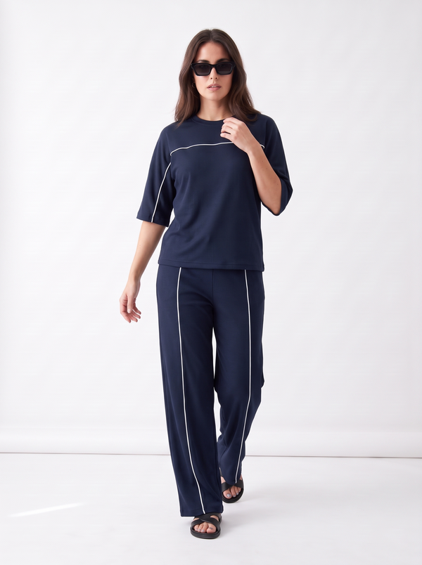 Women's Airport Style Ribbed Co-Ord Set with Wide-Leg Trousers|Women's Designer-Inspired Co-Ord Set|