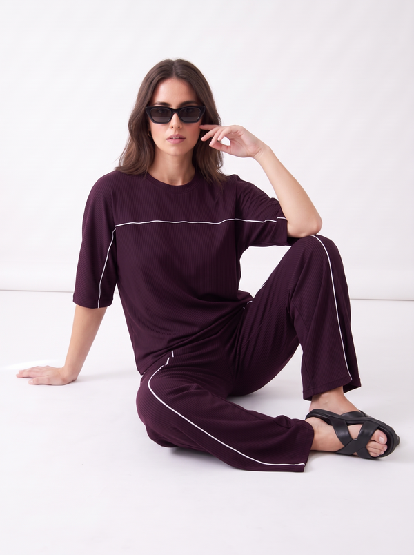 Women's Airport Style Ribbed Co-Ord Set with Wide-Leg Trousers|Women's Designer-Inspired Co-Ord Set|